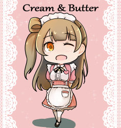 Rule 34 | 1girl, ;), absurdres, apron, arms behind back, artist name, artist request, black footwear, black ribbon, blush, breasts, brown eyes, brown hair, chibi, collared dress, dress, female focus, frilled apron, frilled shirt collar, frills, full body, grey hair, hair rings, heart, heart (symbol), highres, light brown hair, long hair, looking at viewer, love live!, love live! school idol project, maid, maid apron, maid headdress, minami kotori, miniskirt, neck ribbon, one eye closed, parted lips, pink background, pink dress, pink skirt, plaid, plaid dress, plaid skirt, pleated, pleated dress, pleated skirt, ponytail, puffy short sleeves, puffy sleeves, ribbon, shoes, short sleeves, side ponytail, skirt, small breasts, smile, solo, standing, white apron, white legwear, wink, yellow eyes