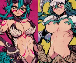 Rule 34 | 1girl, black sclera, bleach, bleach: brave souls, bodypaint, breasts, cleavage, closed mouth, colored sclera, facepaint, female focus, green hair, hair between eyes, highres, large breasts, navel, nelliel tu odelschwanck, solo, stomach, underboob, yellow eyes