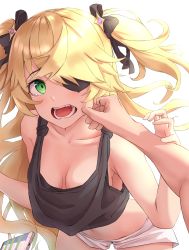 Rule 34 | 1girl, absurdres, bad id, bad pixiv id, bare arms, bare shoulders, black shirt, blonde hair, bow, breasts, cheek pinching, cleavage, collarbone, crop top, crop top overhang, eyepatch, fischl (genshin impact), genshin impact, green eyes, hair bow, hair over one eye, hamstarhand, highres, leaning forward, long hair, looking at viewer, medium breasts, micro shorts, midriff, navel, open mouth, pinching, shirt, shorts, simple background, sleeveless, sleeveless shirt, solo, tearing up, two side up, white background, white shorts