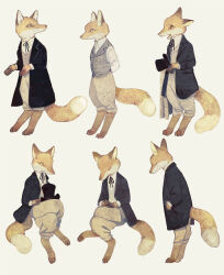 Rule 34 | animal, animal focus, arms behind back, black coat, black hat, black ribbon, black sleeves, blue coat, blue sleeves, closed eyes, clothed animal, coat, coattails, collared coat, collared shirt, collared vest, crossed legs, fox, from side, full body, grey vest, hand on hand, hat, high collar, highres, holding, holding clothes, holding hat, lapels, layered sleeves, long sleeves, multiple views, neck ribbon, no humans, notched lapels, open clothes, open coat, open mouth, original, pants, puffy pants, ribbon, shirt, simple background, sitting, sweater vest, tono (rt0no), top hat, v-neck, vest, white background, white pants, white shirt, white sleeves