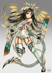 Rule 34 | 1girl, ankle boots, aqua eyes, black hair, boots, breasts, dual wielding, gia, gloves, gradient background, headgear, highres, holding, long hair, looking at viewer, mecha, original, robot, skindentation, solo, sword, tail, thighhighs, underboob, weapon, white footwear