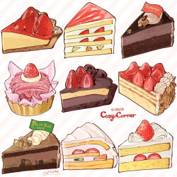 Rule 34 | cake, cake slice, chocolate cake, cream, cupcake, dessert, food, food focus, fruit, highres, icing, miri illust, no humans, nut (food), original, strawberry