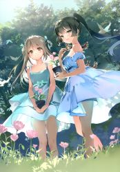 Rule 34 | 2girls, absurdres, animal, anmi, bare shoulders, bird, black hair, blush, bow, braid, brown eyes, brown hair, closed mouth, collarbone, day, dress, flower, flower pot, grass, green eyes, hair bow, highres, looking at viewer, multiple girls, open mouth, original, outdoors, ponytail, puffy sleeves, scan, simple background, sleeveless, sleeveless dress, smile, squirrel, tree