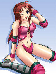 Rule 34 | 1girl, blue eyes, blush, boots, breasts, brown hair, corey sniper, corset, crotch, digdug006, elbow pads, female focus, long hair, open mouth, simple background, sitting, solo, thighs, wink, wrestle angels, wrestle angels survivor, wrestle angels survivor 2, wrestling outfit