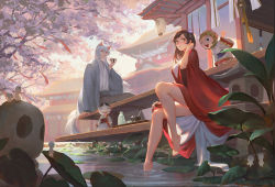 Rule 34 | 2boys, 2girls, absurdres, animal ears, architecture, arm at side, arm up, bare legs, barefoot, bowl, breasts, brown eyes, brown hair, building, chelsea sun, choko (cup), cup, day, east asian architecture, flower, fox boy, fox ears, fox tail, grass, grey hakama, hair between eyes, hair flower, hair ornament, hakama, hand up, hanging lantern, haori, highres, holding, holding cup, house, japanese clothes, kamisama hajimemashita, kimono, kotetsu (kamisama hajimemashita), lantern, leaf, light particles, long hair, long sleeves, looking at another, looking away, mask, medium hair, mixed-language commentary, momozono nanami, multiple boys, multiple girls, noren, onikiri (kamisama hajimemashita), outdoors, paper lantern, plant, plantar flexion, pond, red ribbon, ribbon, ripples, rope, seiza, shimenawa, shinozaki ayaka, shionji yuuko, sideways glance, sitting, smile, spirit, spoon, stone lantern, sunlight, swept bangs, tail, tokkuri, tomoe (kamisama hajimemashita), tray, tree, very long hair, water, waving, wet, white hair, white kimono, wide sleeves, wind chime