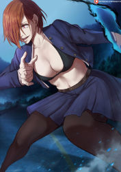 Rule 34 | 1girl, black bra, blouse, blue fire, bra, breasts, brown hair, buttons, cleavage, collarbone, duplicate, fire, hair over one eye, highres, jujutsu kaisen, kugisaki nobara, medium breasts, open clothes, open mouth, open shirt, pantyhose, pleated skirt, shexyo, shirt, skirt, solo, underwear
