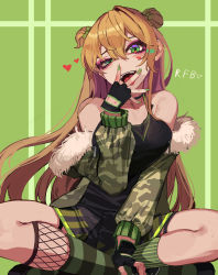 Rule 34 | 1girl, absurdres, bare shoulders, bow, breasts, camouflage, character name, choker, crazy eyes, double bun, eyebrows hidden by hair, eyeliner, eyeshadow, fangs, fingerless gloves, fur trim, girls&#039; frontline, gloves, green background, green bow, green eyes, green nails, hair between eyes, hair bow, hair bun, hand to own mouth, heart, heart tattoo, highres, indian style, light brown hair, long hair, long sleeves, looking at viewer, makeup, mascara, medium breasts, nail polish, off shoulder, open mouth, rfb (girls&#039; frontline), shoes, sitting, skirt, socks, solo, striped clothes, striped socks, tank top, tattoo, thigh strap, tongue, tongue out, tunamayo (dsasd751), uneven eyes, vertical-striped clothes, vertical-striped socks