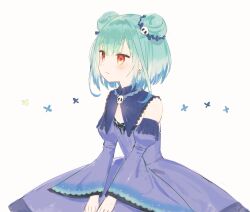 Rule 34 | 1girl, bare shoulders, blue dress, blue eyes, blue hair, blue sleeves, blush, closed mouth, detached sleeves, double bun, dress, earrings, flat chest, green hair, hair bun, hair ornament, highres, hololive, jewelry, multicolored clothes, nprmtp, red eyes, short hair, simple background, skull earrings, skull hair ornament, solo, uruha rushia, uruha rushia (1st costume), virtual youtuber, white background, wide sleeves