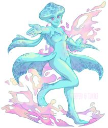 Rule 34 | 1girl, artist name, blue skin, breasts, colored skin, crystal earrings, earrings, fish girl, full body, jewelry, medium breasts, monster girl, monsterperi, nintendo, outstretched arm, pink eyes, pointy ears, princess ruto, smile, solo, the legend of zelda, the legend of zelda: ocarina of time