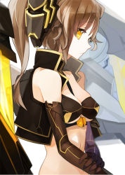 Rule 34 | 1girl, bare shoulders, black gloves, blurry, breasts, brown hair, cleavage, depth of field, elbow gloves, gloves, jacket, mechanical, midriff, original, profile, pupps, solo, twintails, yellow eyes