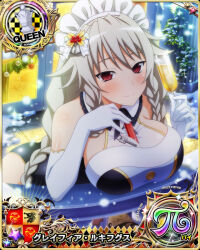 Rule 34 | 1girl, braid, breasts, card (medium), chess piece, christmas, elbow gloves, female focus, gloves, grayfia lucifuge, grey hair, high school dxd, large breasts, long hair, maid headdress, official art, queen (chess), red eyes, smile, solo, twin braids, white gloves