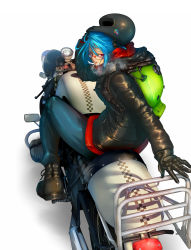 Rule 34 | 1girl, absurdres, black footwear, black gloves, blue hair, blue pants, bmw, cigarette, floral print, full body, glasses, gloves, hand on own head, unworn headwear, helmet, unworn helmet, highres, jacket, jinkou-kuu, leather, leather jacket, looking at viewer, looking back, motor vehicle, motorcycle, mouth hold, original, pants, red-framed eyewear, red eyes, shoes, simple background, sitting, smoke, smoking, solo, vehicle, white background, wire