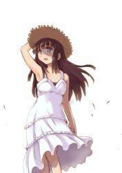 Rule 34 | 1girl, arm up, armpits, blue eyes, brown hair, dress, hat, long hair, original, shishio (artist), simple background, solo, straw hat, sundress, white background, wind