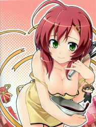 Rule 34 | 1girl, absurdres, ahoge, apron, bare shoulders, bent over, body blush, bowl, breasts, cleavage, deardrops, fujimaru (bluebrand), green eyes, hair ornament, hairclip, halftone, halftone background, highres, large breasts, looking at viewer, naked apron, red hair, sakurai kanade (deardrops), shiny skin, smile, solo, whisk