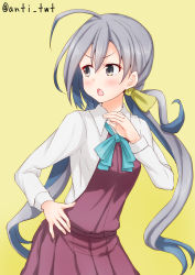 Rule 34 | 10s, 1girl, ahoge, anti (untea9), blush, chestnut mouth, commentary request, dress, grey eyes, grey hair, hair between eyes, hand on own hip, highres, kantai collection, kiyoshimo (kancolle), long hair, long sleeves, looking to the side, low twintails, open mouth, simple background, sleeveless, sleeveless dress, solo, twintails, twitter username, very long hair, yellow background