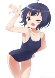 Rule 34 | ;d, arm up, armpits, bare arms, bare shoulders, black hair, black one-piece swimsuit, blush, breasts, brown eyes, collarbone, commentary request, competition school swimsuit, dated, fang, gochuumon wa usagi desu ka?, groin, hand on own hip, highres, jouga maya, leaning forward, looking at viewer, neki (wakiko), new school swimsuit, one-piece swimsuit, one eye closed, open mouth, school swimsuit, short hair, simple background, small breasts, smile, solo, swimsuit, thigh gap, twitter username, white background