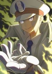 Rule 34 | 1boy, blue necktie, check commentary, coat, collared shirt, commentary request, creatures (company), dress shirt, emmet (pokemon), game freak, gloves, grey eyes, grey hair, hat, high collar, highres, long sideburns, long sleeves, male focus, minamo (erkn7553), necktie, nintendo, parted lips, peaked cap, pokemon, pokemon bw, shirt, short hair, sideburns, smile, solo, teeth, trench coat, upper body, upper teeth only, white coat, white gloves, white hat, white shirt