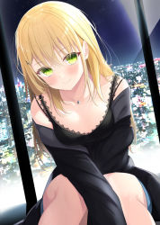Rule 34 | 1girl, bad id, bad twitter id, black shirt, blonde hair, blush, breasts, city, city lights, cityscape, cleavage, closed mouth, collarbone, green eyes, hair ornament, highres, indoors, long hair, long sleeves, looking at viewer, low neckline, night, original, sasahara wakaba, shirt, smile, solo, window