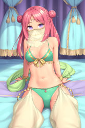 Rule 34 | 1girl, arm support, bare shoulders, bikini, breasts, commentary request, dancer, double bun, egyptian clothes, fringe trim, front-tie bikini top, front-tie top, green bikini, highres, jewelry, long hair, looking at viewer, medium breasts, mouth veil, navel, open mouth, original, pink hair, purple eyes, revealing clothes, sasaame, sitting, solo, stomach, swimsuit, veil