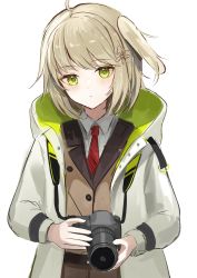 Rule 34 | 1girl, ahoge, arknights, azuazu 0405, blush, brown hair, brown vest, camera, closed mouth, collared shirt, commentary request, green eyes, hair ornament, highres, holding, holding camera, hood, hood down, hooded jacket, jacket, long sleeves, looking at viewer, necktie, one side up, open clothes, open jacket, red necktie, scene (arknights), shirt, simple background, solo, vest, white background, white jacket, white shirt