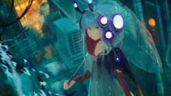 Rule 34 | 1girl, alley, anzi, bicycle, blue dress, blue eyes, blue hair, car, collarbone, commentary request, detached sleeves, dress, glowing, highres, holding, holding umbrella, hood, hood up, hooded dress, long hair, long sleeves, looking at viewer, motor vehicle, original, outdoors, parted lips, rain, red sleeves, solo, transparent, transparent umbrella, trash can, umbrella