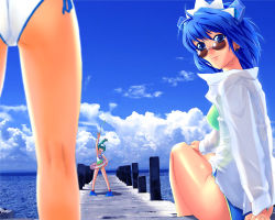 Rule 34 | 2k-tan, 3girls, ass, casual one-piece swimsuit, cloud, day, diving mask, dress shirt, flippers, glasses, goggles, green hair, hand on own hip, hip focus, innertube, kneepits, looking back, me-tan, michael f91, multiple girls, no pants, ocean, one-piece swimsuit, os-tan, pier, popped collar, see-through, shirt, sitting, smile, spring onion, sunglasses, swim ring, swimsuit, swimsuit under clothes, trefoil