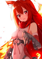 Rule 34 | 1girl, ame., animal ear fluff, animal ears, bare shoulders, black gloves, blush, breasts, commentary request, copyright request, detached sleeves, fingerless gloves, fire, gloves, hair between eyes, highres, leotard, long hair, looking at viewer, medium breasts, parted lips, red eyes, red hair, red scarf, red sleeves, scarf, simple background, smile, solo, upper body, vambraces, very long hair, white background, white leotard