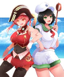 Rule 34 | 2girls, arano oki, arm up, armpits, ascot, beach, belt, black hair, black legwear, blonde hair, blue sky, breasts, brooch, cloud, commentary request, cowboy shot, crossover, day, dress, gloves, gradient hair, green eyes, green sailor collar, hat, heterochromia, highres, hishaku, hololive, horizon, houshou marine, impossible clothes, impossible dress, jewelry, large breasts, leotard, leotard under clothes, locked arms, looking at viewer, midriff peek, multicolored hair, multiple girls, murasa minamitsu, neckerchief, ocean, one side up, open mouth, outdoors, pink hair, pirate hat, red dress, red eyes, red neckwear, sailor collar, sailor hat, shirt, short dress, short hair, short sleeves, shorts, sky, sleeveless, sleeveless dress, sparkle, standing, teeth, thighhighs, touhou, upper teeth only, virtual youtuber, water drop, white gloves, white shirt, white shorts, yellow eyes