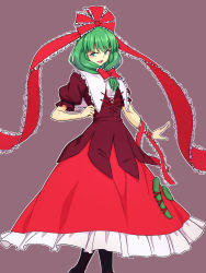Rule 34 | 1girl, arm ribbon, black footwear, bow, breasts, cross-laced clothes, cross-laced top, frilled bow, frilled ribbon, frilled skirt, frills, front ponytail, green eyes, green hair, hair bow, hair ribbon, highres, kagiyama hina, kakone, looking at viewer, medium hair, open mouth, puffy short sleeves, puffy sleeves, red bow, red ribbon, red skirt, ribbon, short sleeves, simple background, skirt, small breasts, smile, solo, standing, touhou