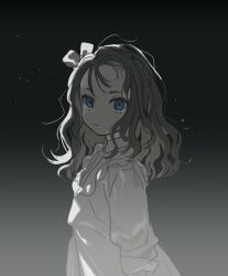 Rule 34 | 1girl, blue eyes, bow, braid, child, crown braid, from side, frown, gradient background, hair bow, light particles, long hair, long sleeves, looking at viewer, looking to the side, monochrome, original, porridge (sleeeeeep), solo, spot color, wavy hair