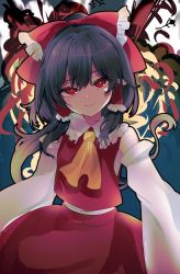Rule 34 | 1girl, ascot, bare shoulders, black hair, bow, closed mouth, detached sleeves, hair between eyes, hair bow, hair tubes, hakurei reimu, hayuk0, highres, japanese clothes, medium hair, nontraditional miko, red bow, red eyes, red skirt, sidelocks, skirt, smile, solo, touhou, white sleeves, wide sleeves, yellow ascot