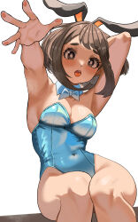 Rule 34 | 1girl, absurdres, alternate costume, animal ears, arm up, armpits, blue leotard, boku no hero academia, breasts, brown eyes, brown hair, cleavage, covered navel, detached collar, fake animal ears, highres, leotard, looking at viewer, medium breasts, medium hair, open mouth, outstretched arm, playboy bunny, rabbit ears, sitting, solo, strapless, strapless leotard, sweat, uraraka ochako, white background, zd (pixiv6210083)