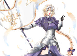 Rule 34 | absurdres, armor, backlighting, blonde hair, blue eyes, breasts, chain, fate/grand order, fate (series), feathers, hair between eyes, headpiece, highres, jeanne d&#039;arc (fate), jeanne d&#039;arc (ruler) (fate), large breasts, long braid, smile, solo, standard bearer, thighhighs, thighs, untold, v, white background