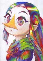 Rule 34 | 1girl, absurdres, beak, blue hair, breasts, circlet, commentary request, green eyes, green hair, highres, medium breasts, medli, multicolored eyes, multicolored hair, nintendo, o den, pointy ears, ponytail, red eyes, red hair, simple background, solo, the legend of zelda, the legend of zelda: the wind waker, upper body, white background