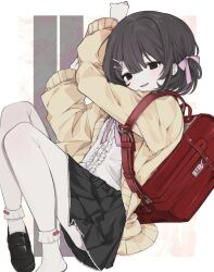 Rule 34 | 1girl, backpack, bag, black eyes, black footwear, black skirt, blank eyes, blunt bangs, brown hair, center frills, clenched hand, frilled shirt, frills, hair ribbon, hairpin, hand up, highres, huyucai, loafers, looking at viewer, multiple hairpins, name tag, neck ribbon, original, pink ribbon, randoseru, red bag, ribbon, shirt, shoes, short hair, short twintails, single shoe, sitting, skirt, smile, socks, solo, sweater, thighs, twintails, white background, white shirt, white socks, yellow sweater