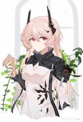 Rule 34 | 1girl, absurdres, arknights, closed mouth, commentary request, cropped torso, dated, dress, grey background, hair between eyes, highres, holding, holding stuffed toy, horns, long hair, long sleeves, looking at viewer, pink hair, red eyes, sarea (sarea2020), signature, simple background, smile, solo, stuffed animal, stuffed rabbit, stuffed toy, theresa (arknights), upper body, very long hair, white dress, window
