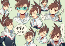 Rule 34 | 1boy, aged up, angry, brown eyes, brown hair, capcom, closed eyes, closed mouth, expressions, geo stelar (mega man), happy, headphones, male focus, mega man (series), mega man star force, modela (baka x orange), multiple views, open mouth, simple background, smile, speech bubble, spiked hair