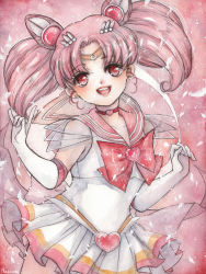 Rule 34 | 1girl, :d, artist name, bishoujo senshi sailor moon, bow, brooch, cherriuki, chibi usa, choker, cone hair bun, double bun, earrings, elbow gloves, eyelashes, gloves, hair bun, hair ornament, hairclip, heart, heart brooch, highres, jewelry, m/, miniskirt, multicolored clothes, multicolored skirt, open mouth, painting (medium), pink eyes, pink hair, pleated skirt, red bow, red eyes, sailor chibi moon, sailor collar, signature, skirt, smile, solo, stud earrings, super sailor chibi moon, teeth, traditional media, twintails, watercolor (medium), white gloves