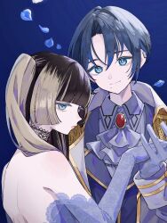 Rule 34 | 2girls, alternate costume, ascot, back, bare shoulders, blue background, blue coat, blue eyes, blue hair, brown hair, closed mouth, coat, dress, earclip, elbow gloves, epaulettes, falling petals, gloves, highres, hiodoshi ao, hololive, hololive dev is, juufuutei raden, light brown hair, lipstick, long hair, looking at viewer, makeup, mole, mole under mouth, multicolored hair, multiple girls, petals, short hair, simple background, smile, twintails, two-tone hair, upper body, virtual youtuber, yuri yutaka