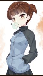 Rule 34 | 10s, 1girl, brown eyes, brown hair, blowing bubbles, chewing gum, girls und panzer, hands in pockets, heavens thunder (byakuya-part2), jacket, keizoku military uniform, letterboxed, long sleeves, looking at viewer, mikko (girls und panzer), short twintails, twintails, upper body