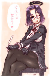 Rule 34 | 10s, 1girl, :p, alternate legwear, bespectacled, black gloves, blush, breasts, dress, glasses, gloves, halo, highres, kantai collection, large breasts, looking at viewer, mechanical halo, naughty face, pantyhose, purple eyes, purple hair, ryou (shirotsumesou), school uniform, short dress, short hair, skirt, smile, solo, tatsuta (kancolle), tongue, tongue out, translation request