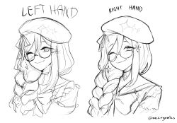 Rule 34 | 1girl, aia amare, beret, bow, braid, choker, commentary, compass, english commentary, glasses, greyscale, hair ornament, hat, highres, looking at viewer, monochrome, necryonics, nijisanji, nijisanji en, sailor collar, semi-rimless eyewear, sketch, smile, twitter username, virtual youtuber, white background