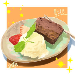 Rule 34 | absurdres, brownie (food), food, food focus, fork, fruit, highres, ice cream, no humans, original, pastry, strawberry, takisou sou, tray