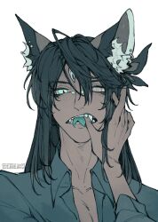 Rule 34 | 1boy, animal ear fluff, animal ears, artist name, black hair, blue eyes, blue tongue, bridge piercing, collared shirt, colored tongue, dark-skinned male, dark skin, ear piercing, extra eyes, fangs, finger in own mouth, forked tongue, grey eyes, hair between eyes, heterochromia, highres, long hair, long sleeves, looking at viewer, male focus, nose piercing, open mouth, original, partially blind, piercing, portrait, shirt, shuini xiaomao, simple background, slit pupils, solo, tongue, tongue out, white background