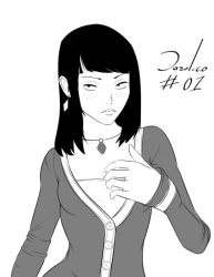 Rule 34 | 1girl, black hair, breasts, collarbone, dazol, earrings, female focus, freckles, greyscale, jewelry, long hair, long sleeves, looking at viewer, monochrome, necklace, original, simple background, small breasts, solo, upper body, white background