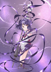 Rule 34 | 1girl, bishoujo senshi sailor moon, bow, brooch, choker, circlet, elbow gloves, floating, gloves, holding, holding polearm, holding spear, holding weapon, light smile, outstretched arm, polearm, purple bow, purple skirt, purple theme, red eyes, ribbon, sailor saturn, short hair, silence glaive, skirt, solo, spear, star brooch, tomoe hotaru, weapon, white gloves, yousukou (chinsukou)