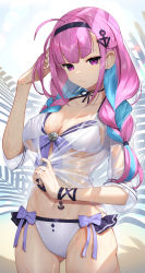 Rule 34 | 1girl, absurdres, ahoge, bikini, black choker, braid, breasts, choker, cleavage, closed mouth, clothes pull, collarbone, cowboy shot, front-tie bikini top, front-tie top, gluteal fold, hair ornament, hairband, halterneck, halterneck, hand up, highres, hololive, large breasts, long hair, looking at viewer, minato aqua, multicolored hair, purple eyes, purple hair, scottie (phantom2), see-through, shirt, shirt pull, short sleeves, side-tie bikini bottom, solo, standing, stomach, string bikini, swimsuit, thighs, twin braids, twintails, two-tone hair, virtual youtuber, wet, wet clothes, wet shirt, white bikini, wristband
