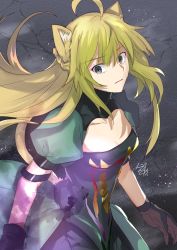 Rule 34 | 1girl, ahoge, animal ears, atalanta (fate), black eyes, blonde hair, breasts, cat ears, cat tail, cleavage, cleavage cutout, clothing cutout, collarbone, crying, crying with eyes open, dress, fate/apocrypha, fate (series), green dress, green hair, highres, long hair, looking at viewer, multicolored hair, nikame, parted lips, puffy short sleeves, puffy sleeves, short sleeves, small breasts, solo, tail, tears, two-tone hair, upper body
