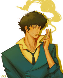 Rule 34 | 1boy, cigarette, cowboy bebop, highres, holding, holding cigarette, koitosoup, light smile, male focus, messy hair, necktie, shirt, signature, simple background, smoke, solo, spike spiegel, spiked hair, upper body, white background, yellow shirt
