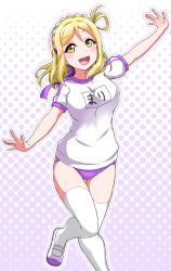 Rule 34 | 1girl, :d, blonde hair, blush, braid, buruma, commentary request, crown braid, green eyes, gym uniform, hair rings, hairband, halftone, halftone background, highres, looking at viewer, love live!, love live! school idol festival, love live! sunshine!!, medium hair, nail polish, name tag, ohara mari, open mouth, outline, outstretched arms, purple buruma, purple outline, purple ribbon, red nails, ribbon, round teeth, shirt, shoes, short sleeves, smile, solo, spread arms, standing, standing on one leg, teeth, thighhighs, upper teeth only, uwabaki, white outline, white shirt, white thighhighs, yopparai oni